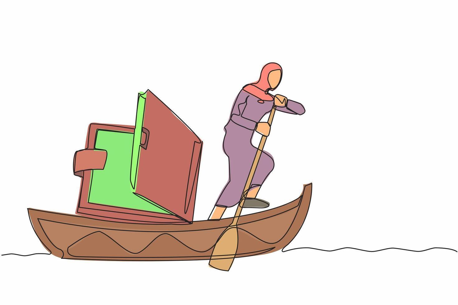 single doorlopend lijn tekening Arabisch zakenvrouw staand in boot en het zeilen met Open portemonnee. besparing handtas begroting. het zeilen kampioenschap herkenning prijs. een lijn trek ontwerp vector illustratie