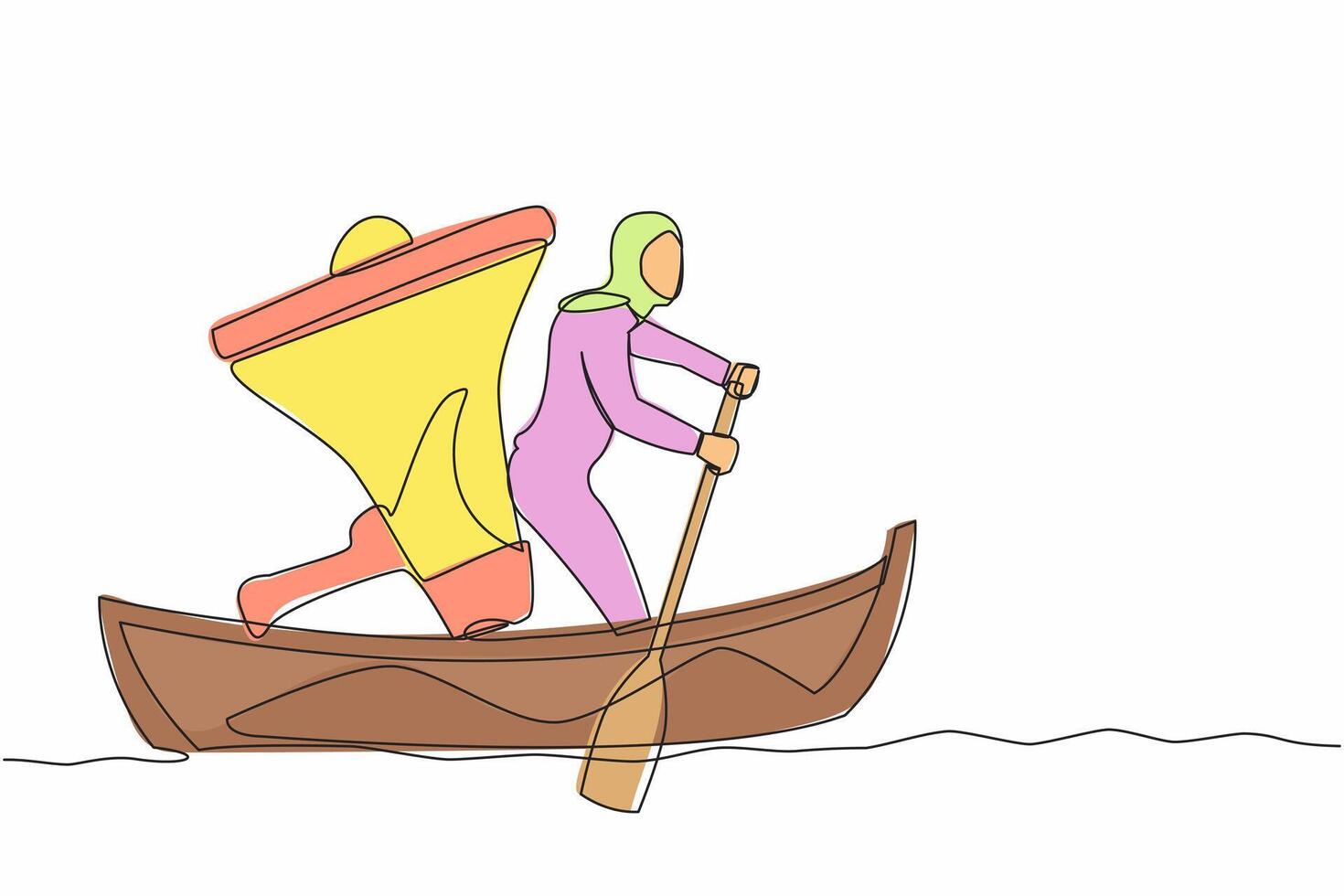 single doorlopend lijn tekening Arabisch zakenvrouw staand in boot en het zeilen met megafoon. leider roepen en motiverend team naar Actie vooruit voor succes. een lijn trek ontwerp vector illustratie