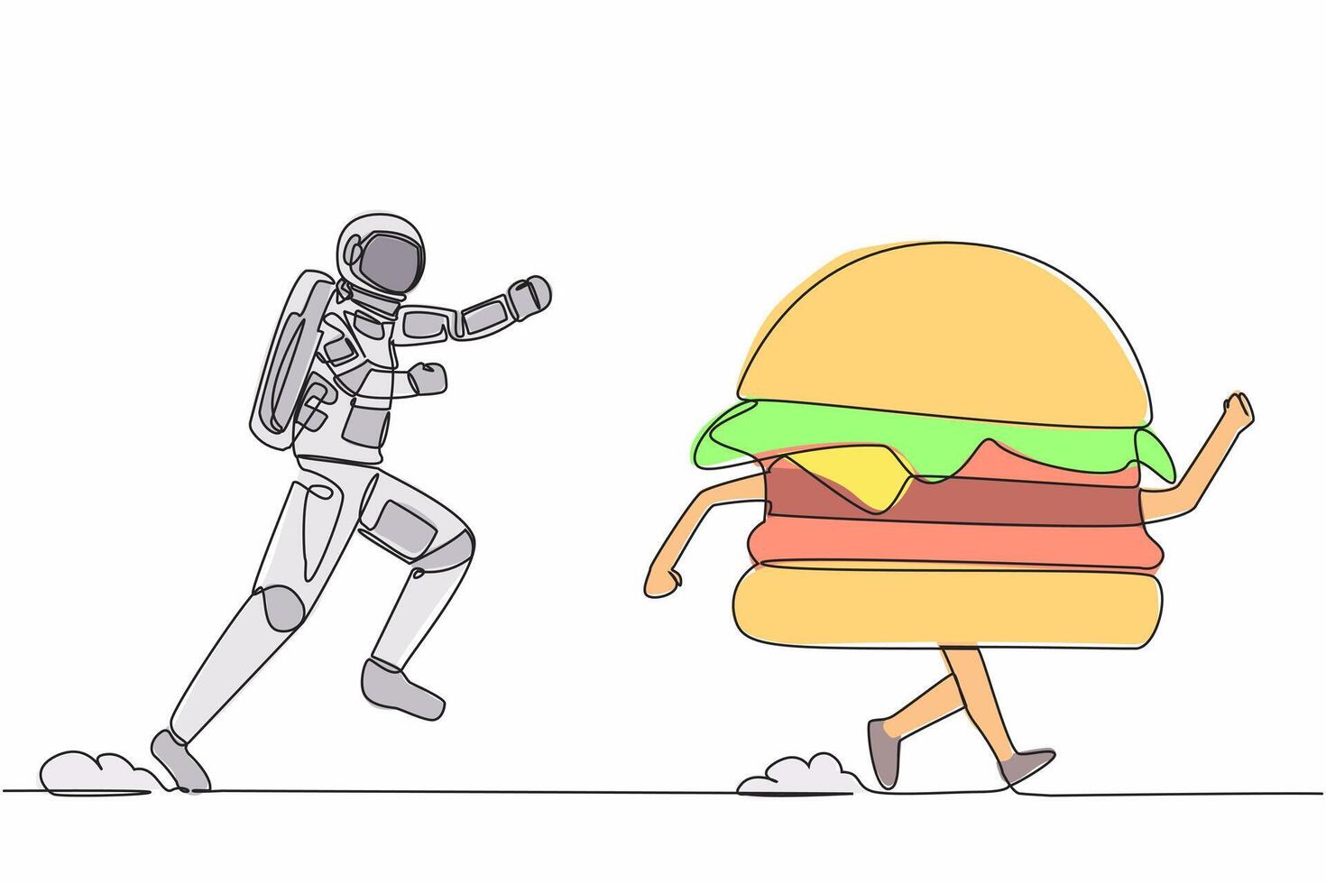 doorlopend een lijn tekening van jong astronaut rennen achtervolgen Hamburger in maan oppervlak. voedsel landgoed industrie in buitenste ruimte. kosmonaut buitenste ruimte concept. single lijn ontwerp vector grafisch illustratie