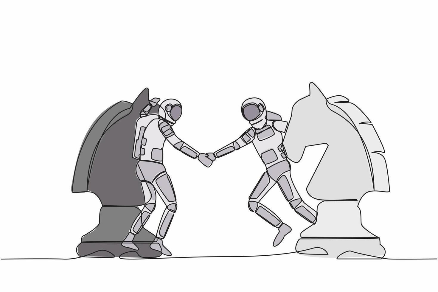 single doorlopend lijn tekening van jong astronaut concurrenten staand Aan paard schaak deel, handenschudden na af hebben overeenkomst. kosmonaut diep ruimte. een lijn trek grafisch ontwerp vector illustratie