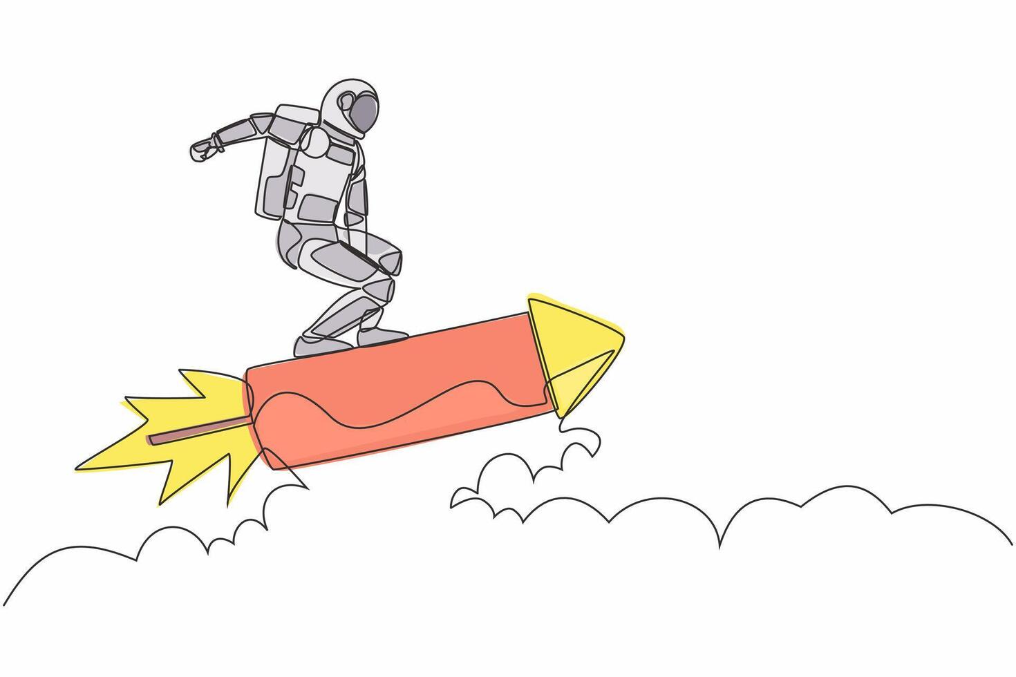single doorlopend lijn tekening jong astronaut staand schrijlings raket en vliegend door de lucht. toekomst ruimte industrie. kosmonaut diep ruimte concept. een lijn trek ontwerp vector grafisch illustratie