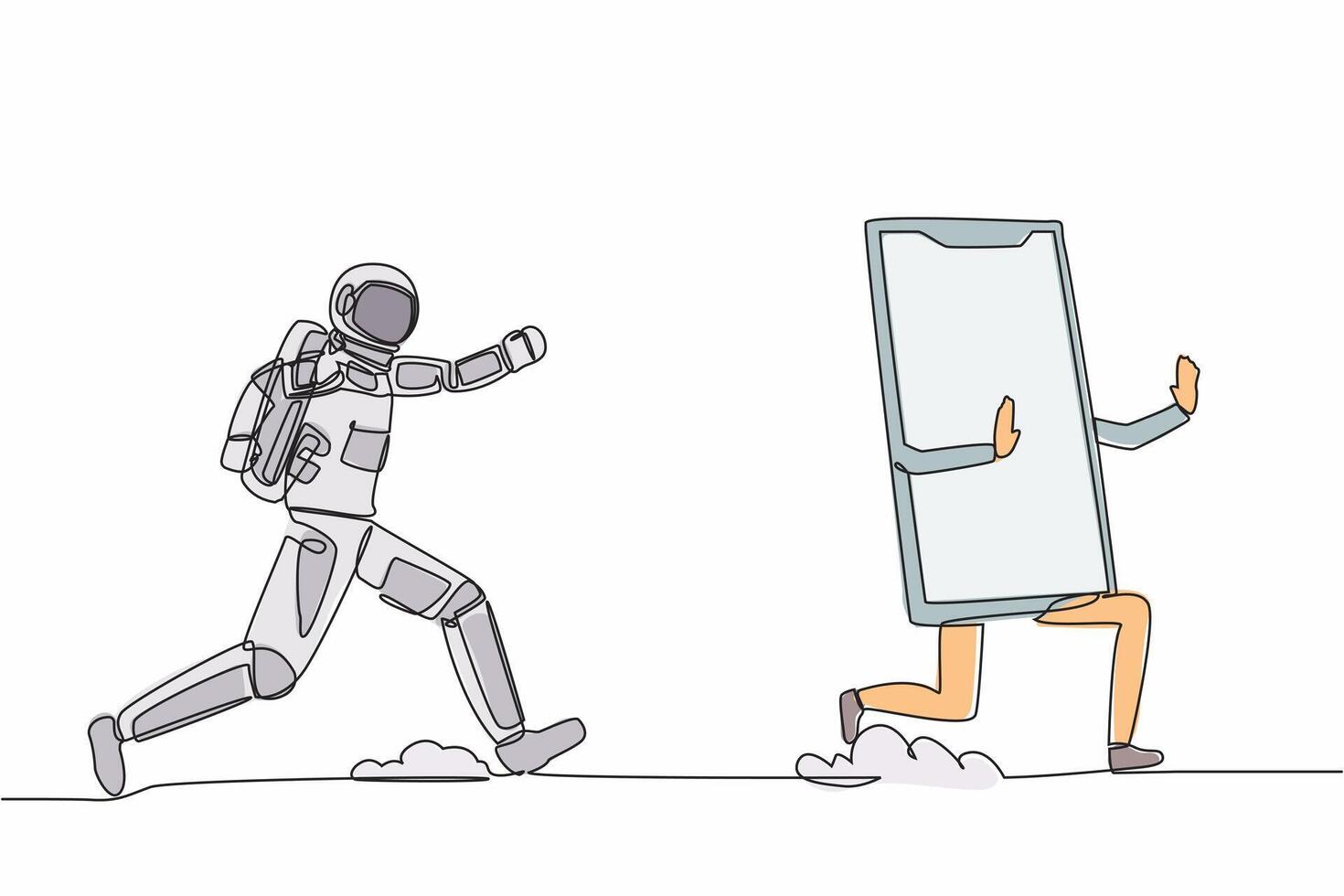 single doorlopend lijn tekening jong astronaut rennen achtervolgen smartphone in maan oppervlak. communicatie revolutie met satelliet telefoon. kosmonaut diep ruimte. een lijn ontwerp vector grafisch illustratie