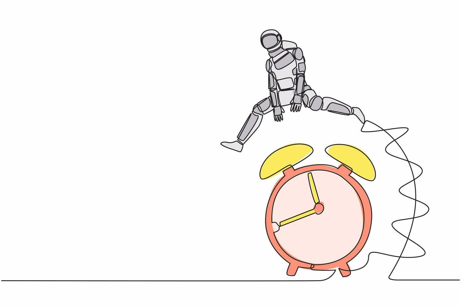 doorlopend een lijn tekening jong astronaut jumping over- alarm klok. ruimteschip expeditie deadline, werken tijd efficiëntie. kosmonaut buitenste ruimte. single lijn trek grafisch ontwerp vector illustratie