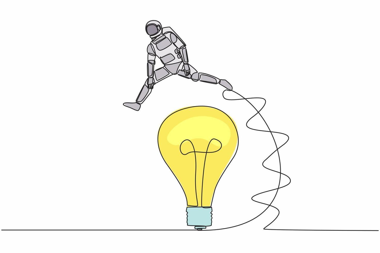 single een lijn tekening jong astronaut jumping over- groot licht lamp. innovatie transformatie technologie in ruimte bedrijf. kosmisch heelal ruimte. doorlopend lijn trek grafisch ontwerp vector illustratie