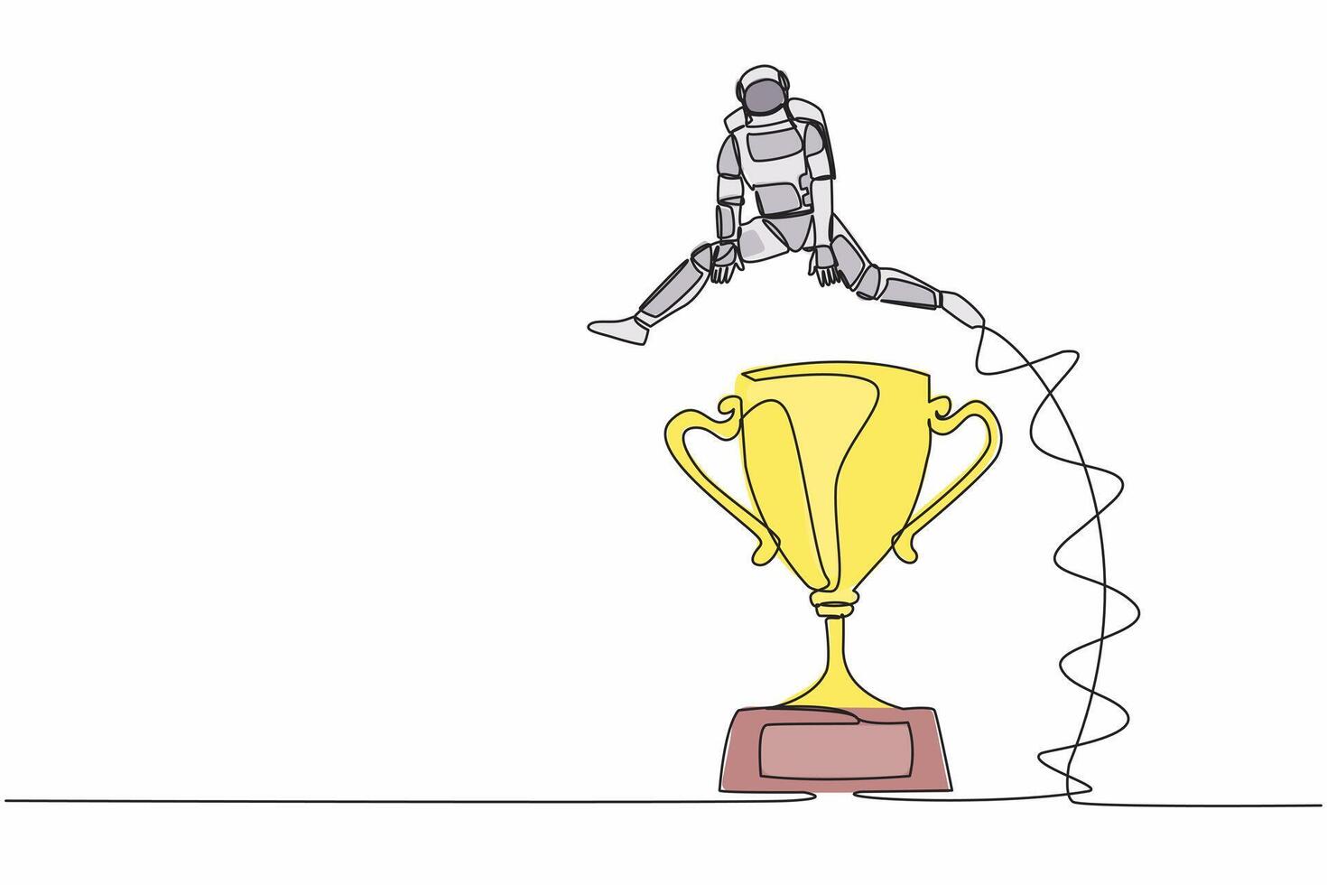 doorlopend een lijn tekening jong astronaut jumping over- groot trofee. uitdaging of slagen in ruimteschip bedrijf wedstrijd. kosmonaut buitenste ruimte. single lijn trek grafisch ontwerp vector illustratie