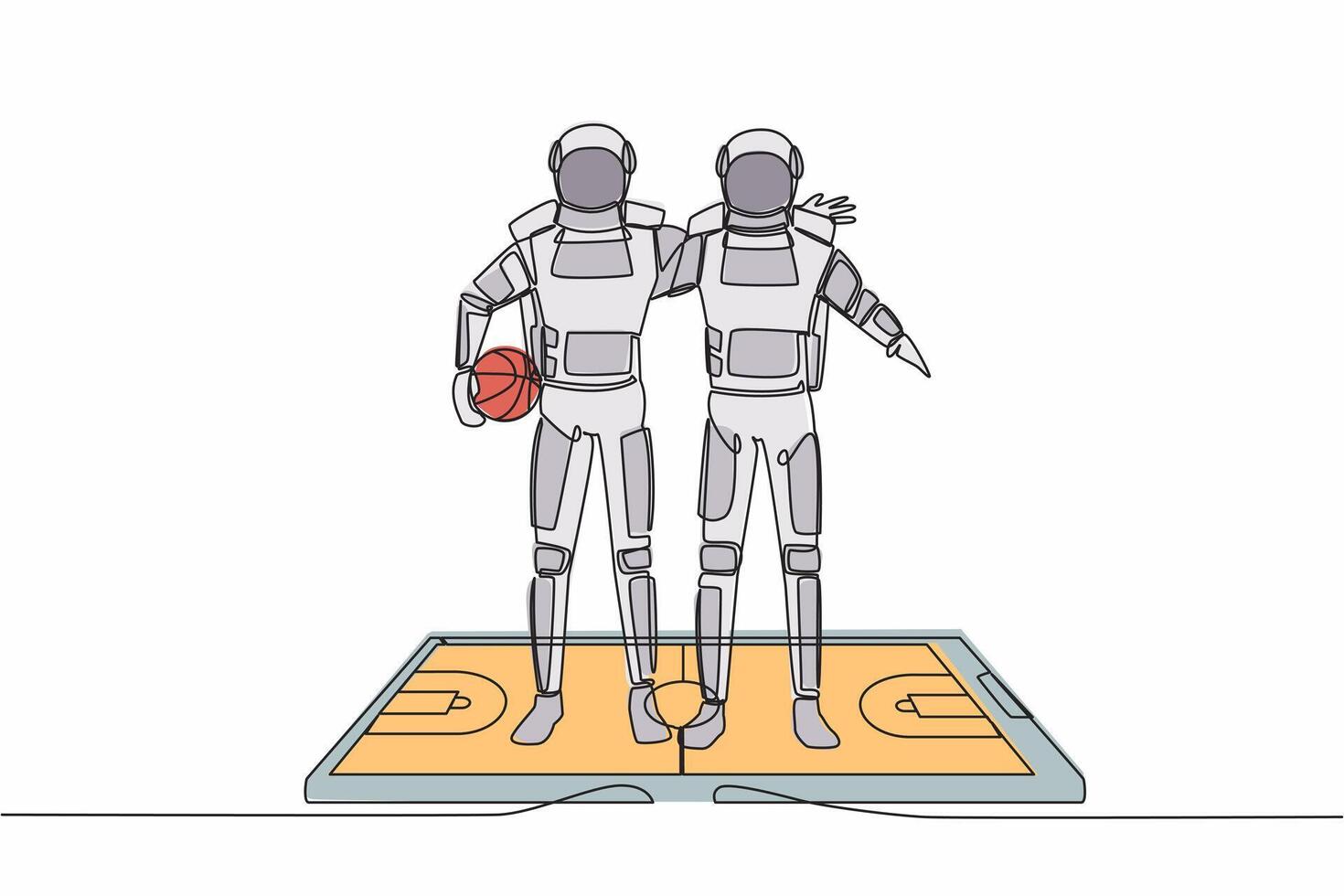 single een lijn tekening van twee basketbal spelers astronaut omhelzing elk andere Aan oppervlakte van smartphone. mobiel basketbal. kosmisch heelal ruimte. doorlopend lijn trek grafisch ontwerp vector illustratie