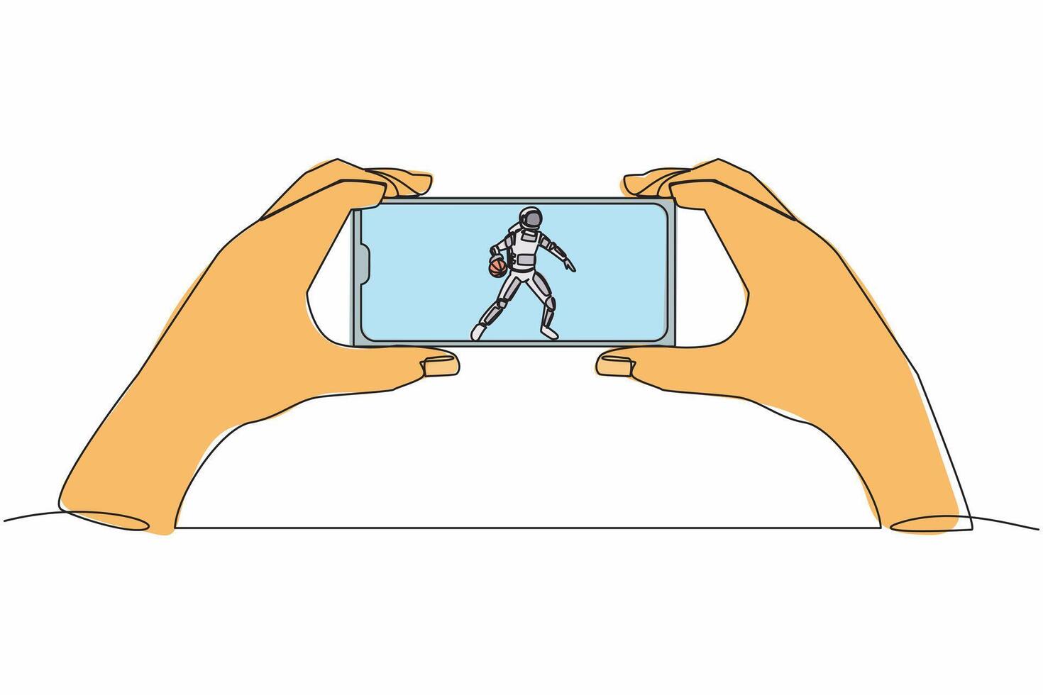 single doorlopend lijn tekening basketbal liga leven streamen. Mens handen Holding smartphone, kijk maar ruimtevaarder basketbal bij elkaar passen online. kosmonaut diep ruimte. een lijn grafisch ontwerp vector illustratie