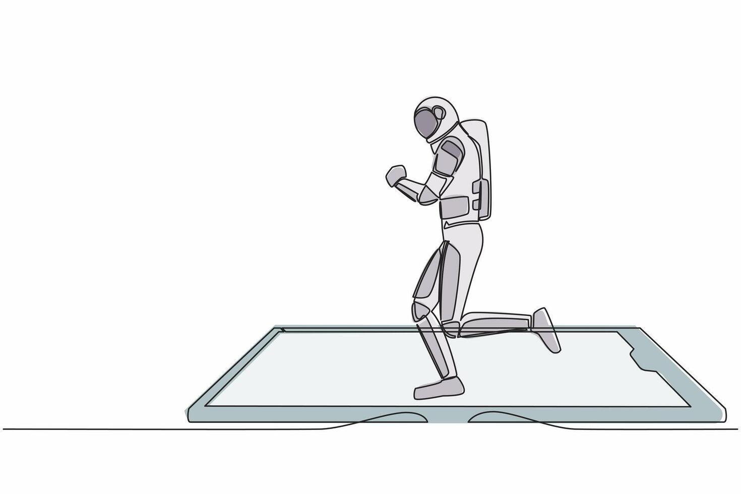 doorlopend een lijn tekening astronaut rennen Aan smartphone scherm loopband. oefening geschiktheid app en sport. cardio controle digitaal. kosmonaut buitenste ruimte. single lijn trek ontwerp vector illustratie