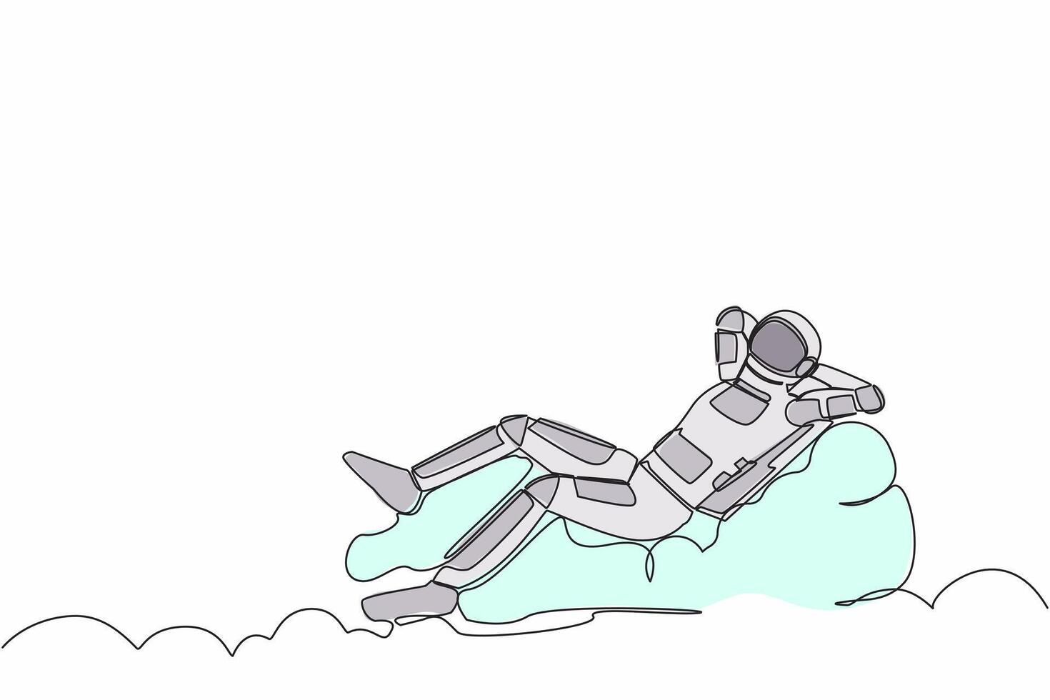 single doorlopend lijn tekening van jong astronaut ontspannende houdende Aan wolken na wormhole verkenning. toekomst technologie ontwikkeling. kosmonaut diep ruimte. een lijn grafisch ontwerp vector illustratie