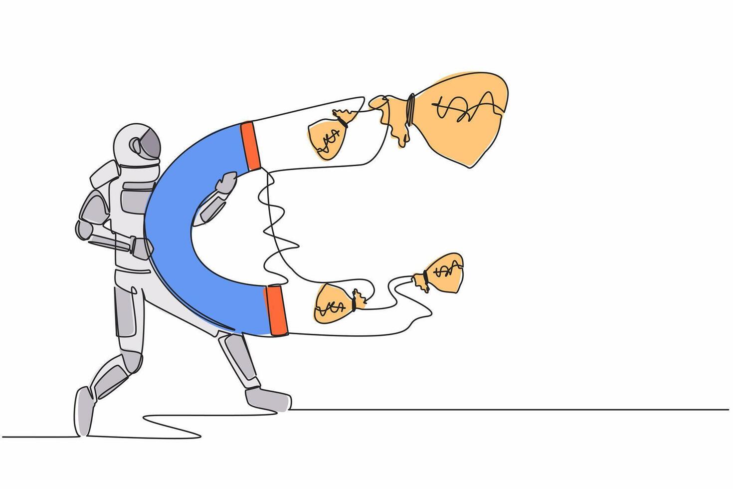 doorlopend een lijn tekening van astronaut gebruik makend van groot magneet naar aantrekken veel geld tas. financiering voor toekomst ruimteschip technologie ontwikkeling. kosmonaut buitenste ruimte. single lijn ontwerp vector illustratie