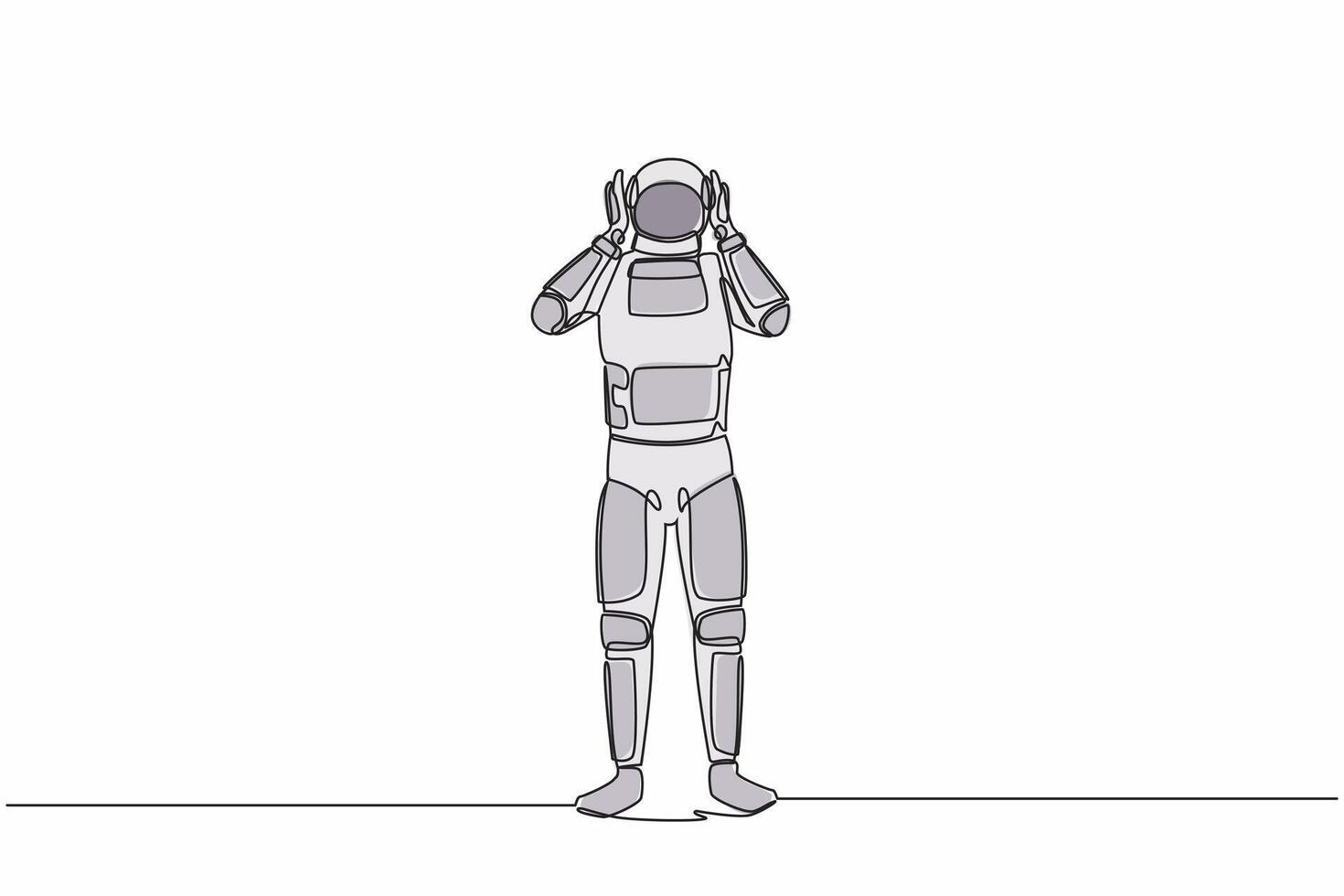 single doorlopend lijn tekening van astronaut heeft hoofdpijn, handen Aan zijn hoofd, migraine, pijn hoofd ten gevolge naar ruimtevaartuig bedrijf faillissement. kosmonaut diep ruimte. een lijn grafisch ontwerp vector illustratie