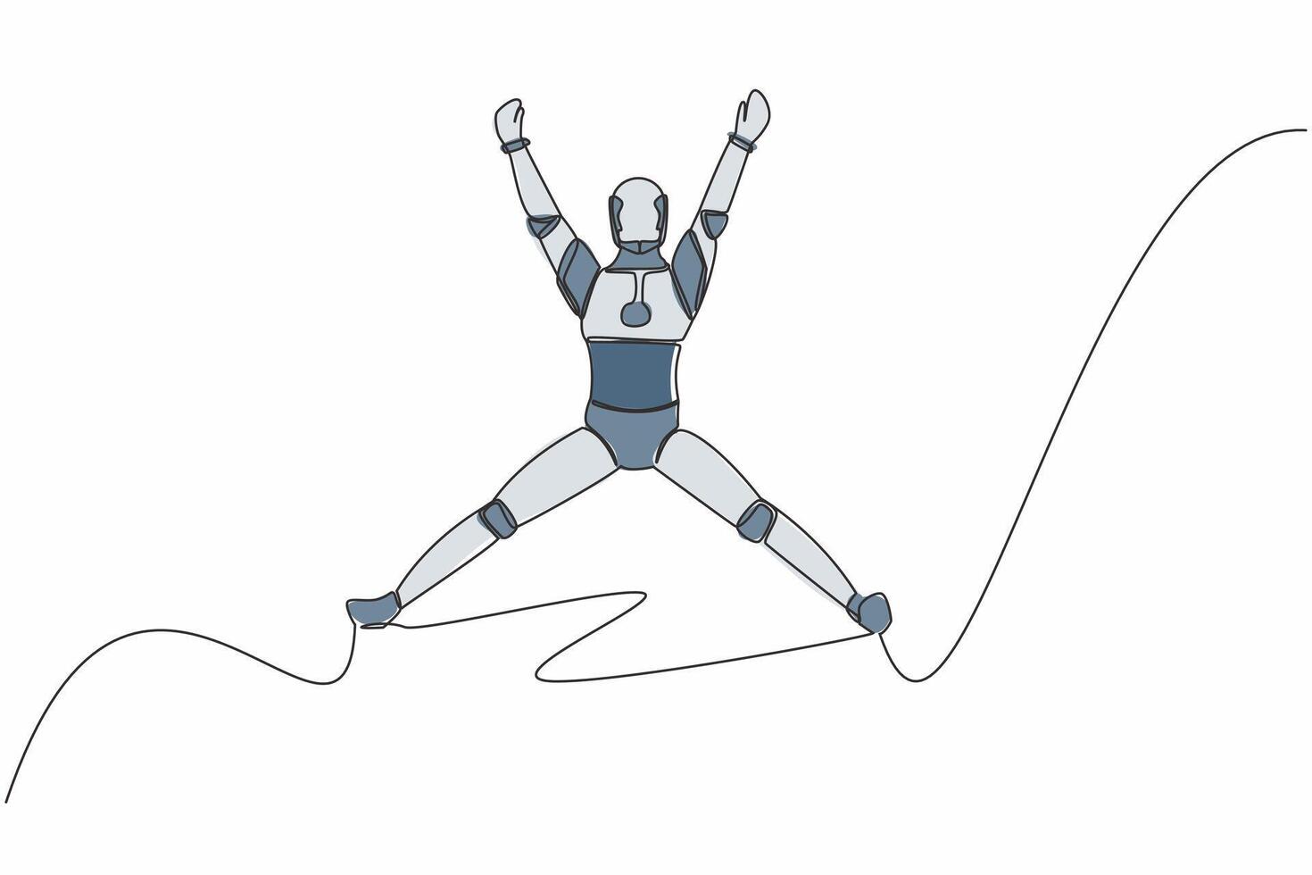 single een lijn tekening gelukkig robot jumping met verheven zijn armen en poten. succes tech bedrijf project. kunstmatig intelligentie. technologie industrie. doorlopend lijn trek ontwerp vector illustratie