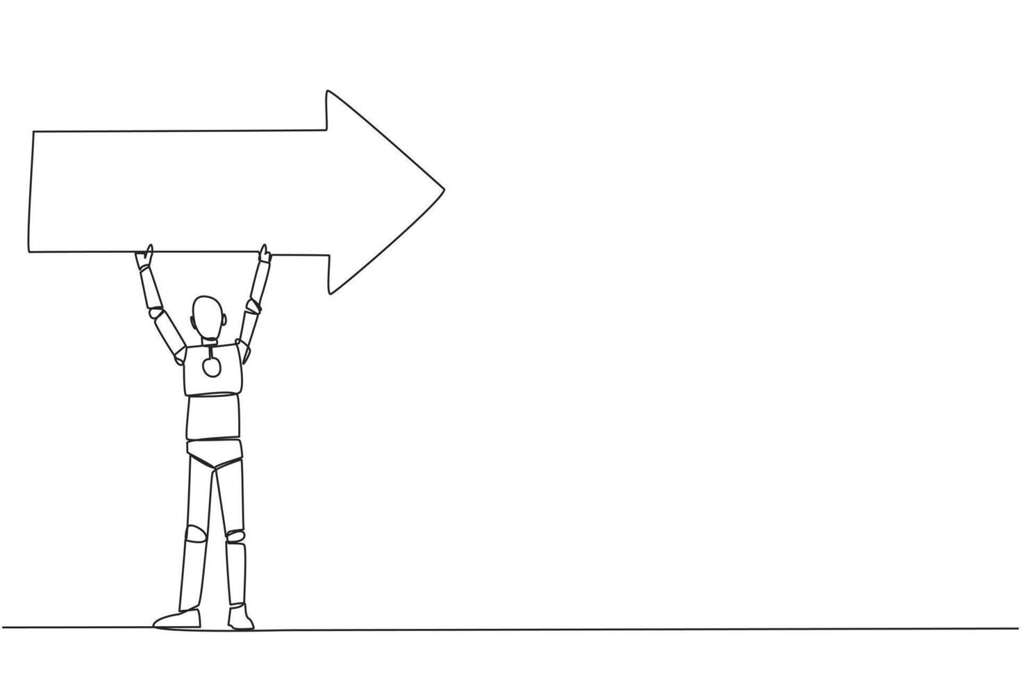 single doorlopend lijn tekening robot kunstmatig intelligentie- samen verheven de pijl bovenstaand hoofd. elektronisch technologie. toekomst technologie ontwikkeling concept. een lijn ontwerp vector illustratie