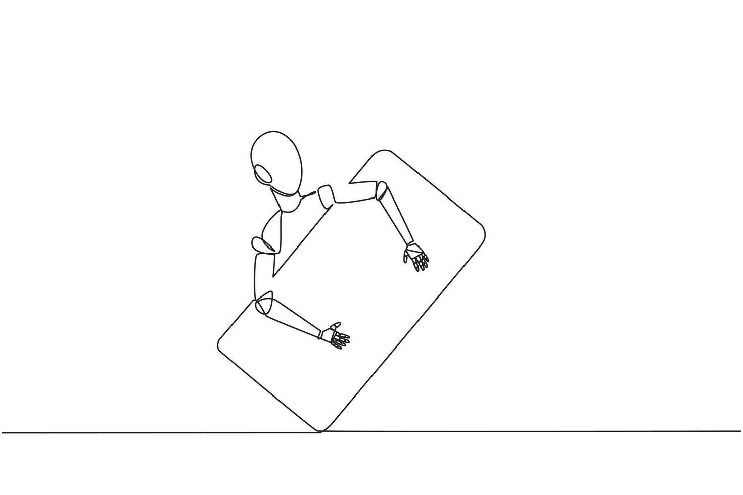 doorlopend een lijn tekening robot knuffelen gsm. toegevoegd een robot systeem zo dat handtelefoon kan niet worden gevolgd. toekomst technologie ontwikkeling. ai techniek. single lijn trek ontwerp vector illustratie