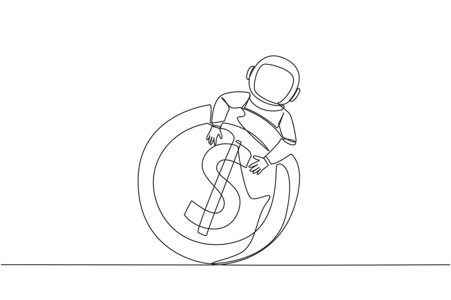 single een lijn tekening astronaut knuffelen dollar teken munt. niet enkel en alleen vinden water, astronaut ook gevonden munten terwijl Aan expedities Aan de maan oppervlak. doorlopend lijn ontwerp grafisch illustratie vector