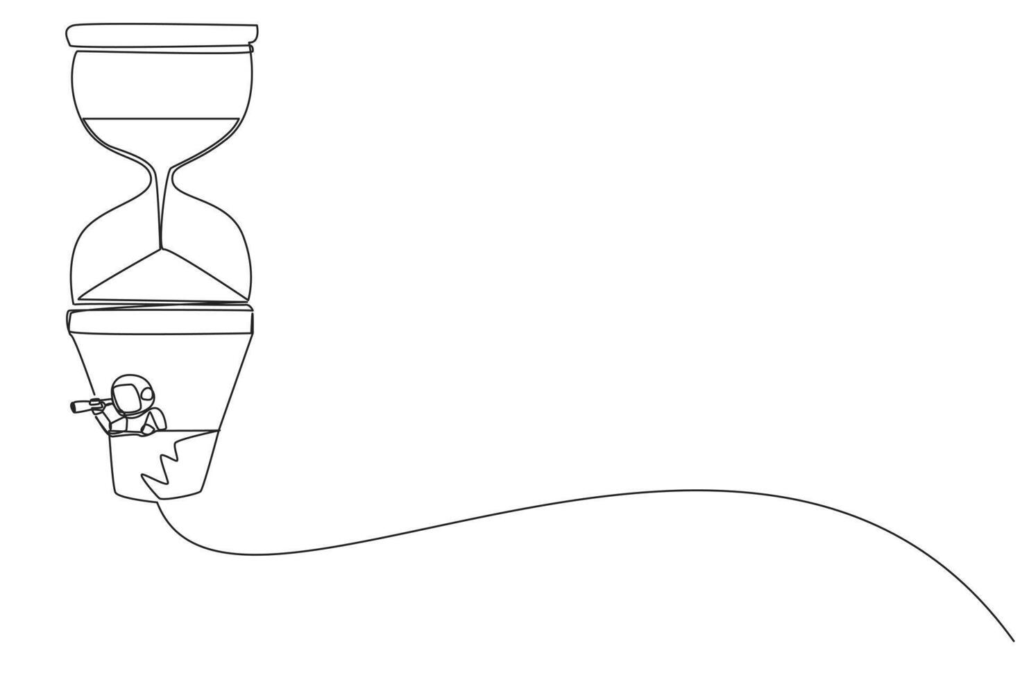 doorlopend een lijn tekening jong energiek astronaut gebruik makend van monoculair, vliegend met heet lucht ballon zandloper. hoogtepunt naar de ruimteschip. kosmisch diep ruimte. single lijn trek ontwerp vector illustratie