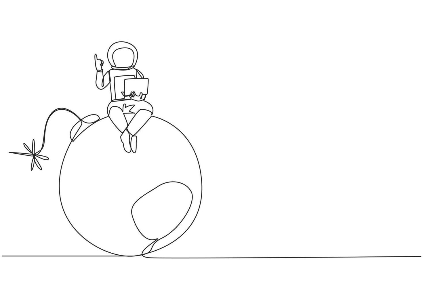 single doorlopend lijn tekening jong astronaut zittend Aan groot bom met een brandend lont Holding laptop verhogen een hand. roekeloos expedities in gevaar brengen Onderzoek. een lijn ontwerp vector illustratie