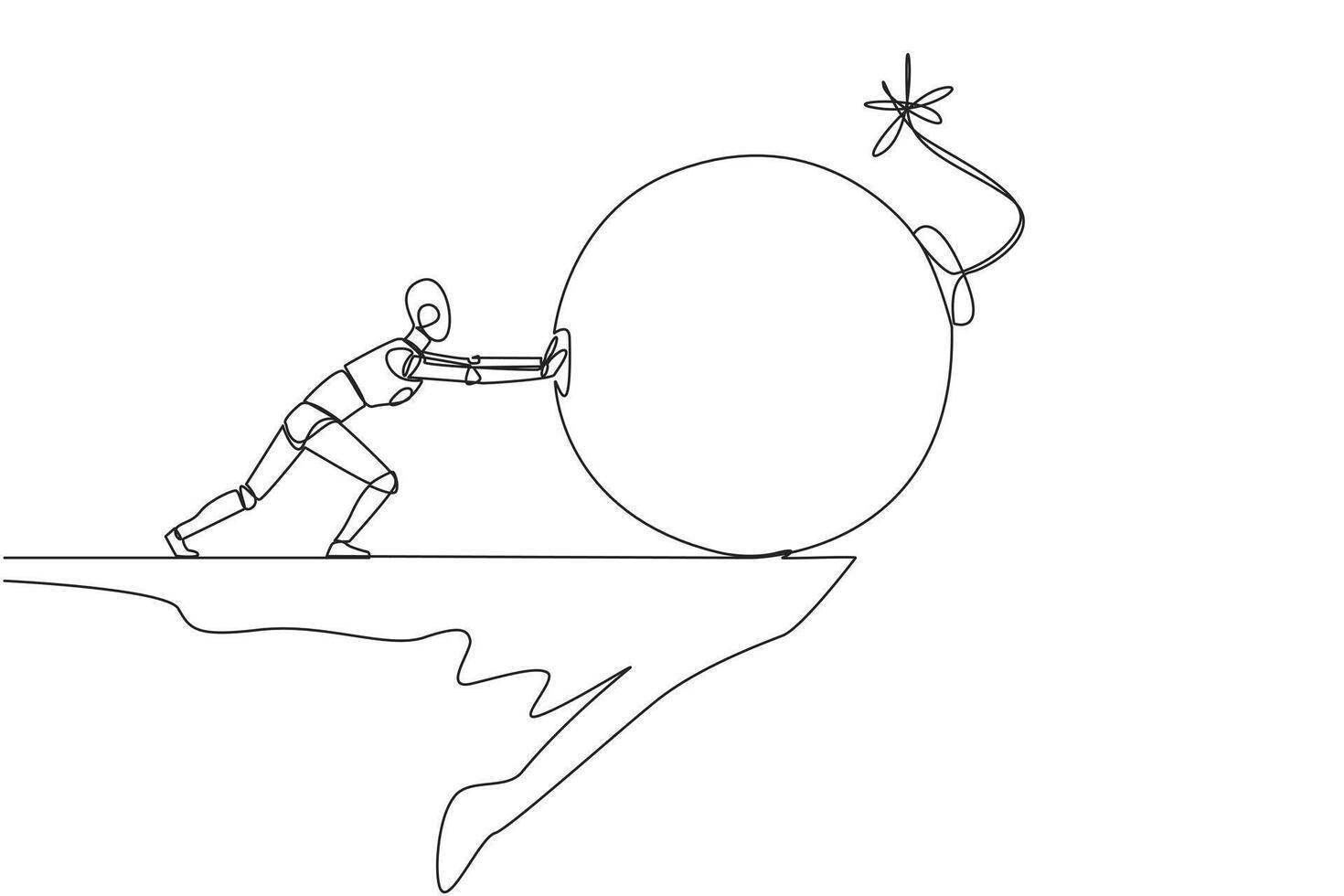 doorlopend een lijn tekening robot duwt groot bom met een brandend lont naar beneden van de rand van klif. concept van houden weg van leed. toekomst tech concept. single lijn trek ontwerp vector illustratie