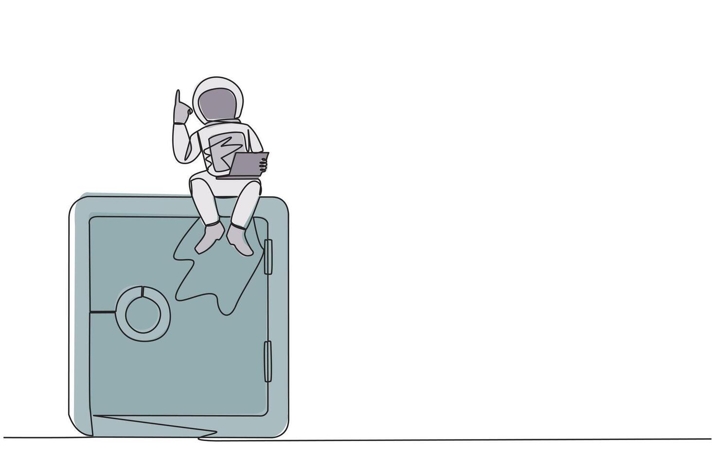 single doorlopend lijn tekening jong energiek astronaut zittend Aan reusachtig veilig storting doos Holding laptop verhogen een hand. op te slaan expeditie gegevens in een veilig plaats. een lijn ontwerp vector illustratie