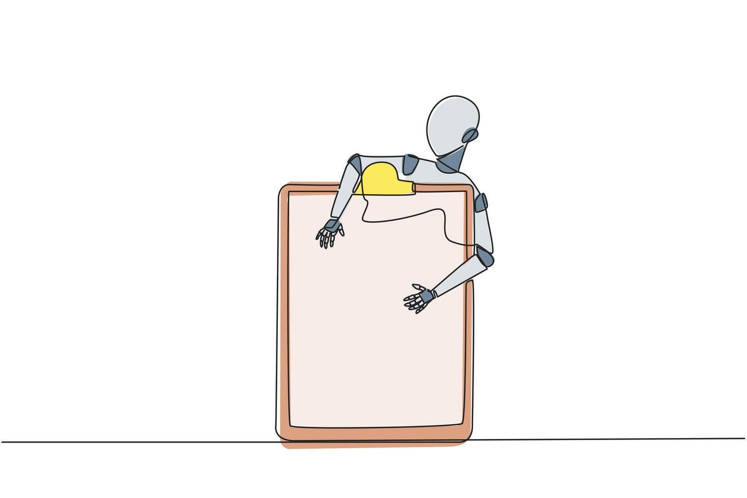 doorlopend een lijn tekening robot knuffelen klembord. voorzien bijstand naar dubbele controleren werk. kunstmatig intelligentie- technologie ontwikkeling. elektrisch. single lijn trek ontwerp vector illustratie
