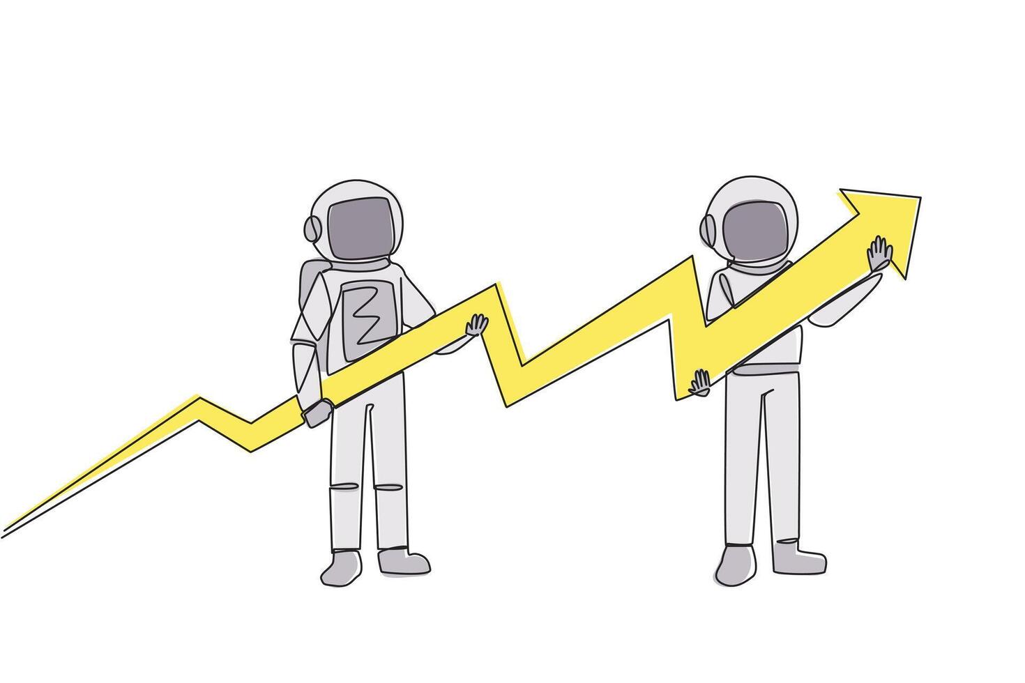 single een lijn tekening twee astronauten Holding een middelgroot pijl grafisch van wie loopt af hebben is gestegen. ruimtevaarder teamwerk. kosmisch heelal diep ruimte. kosmisch. doorlopend lijn ontwerp grafisch illustratie vector