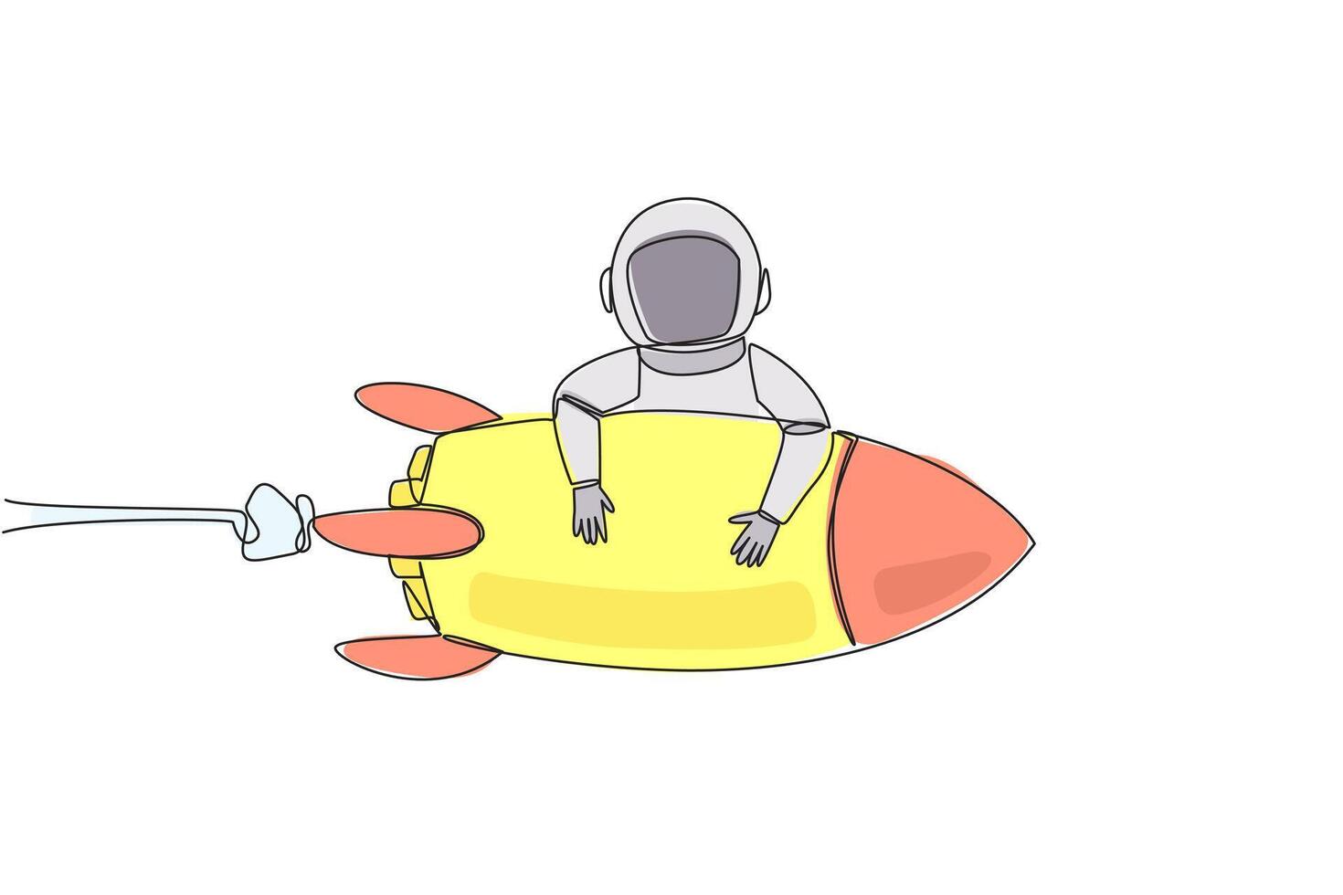 single een lijn tekening jong energiek astronaut knuffelen vliegend raket. maken een landen Aan aarde na een geslaagd expeditie. kosmisch heelal diep ruimte. doorlopend lijn ontwerp grafisch illustratie vector