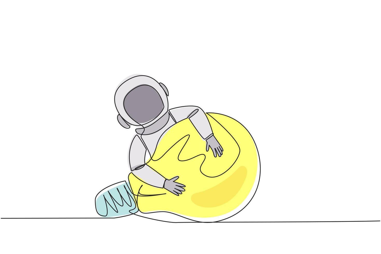 single doorlopend lijn tekening astronaut knuffelen gloeilamp. astronaut bouwen de eerste gegevensverwerking robot naar vergemakkelijken zoeken voor water en ijs Aan maan- oppervlak. een lijn ontwerp vector illustratie