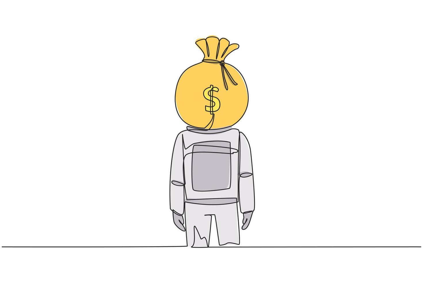 single een lijn tekening jong astronaut met geld zak in plaats daarvan van hoofd, staan geconfronteerd naar voren. denken over de voordelen van toetreden de ruimte industrie. doorlopend lijn ontwerp grafisch illustratie vector