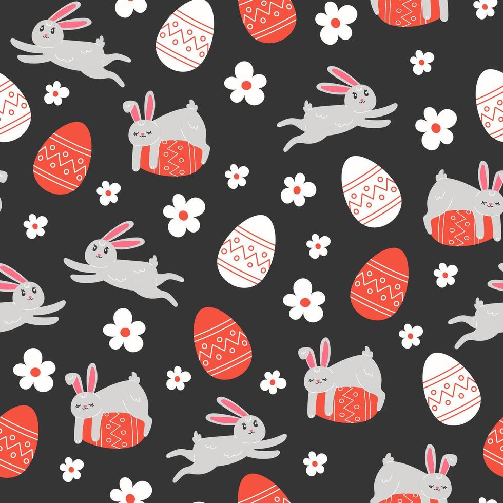 naadloos patroon van Pasen konijntjes, bloemen en geschilderd eieren in tekenfilm stijl vector