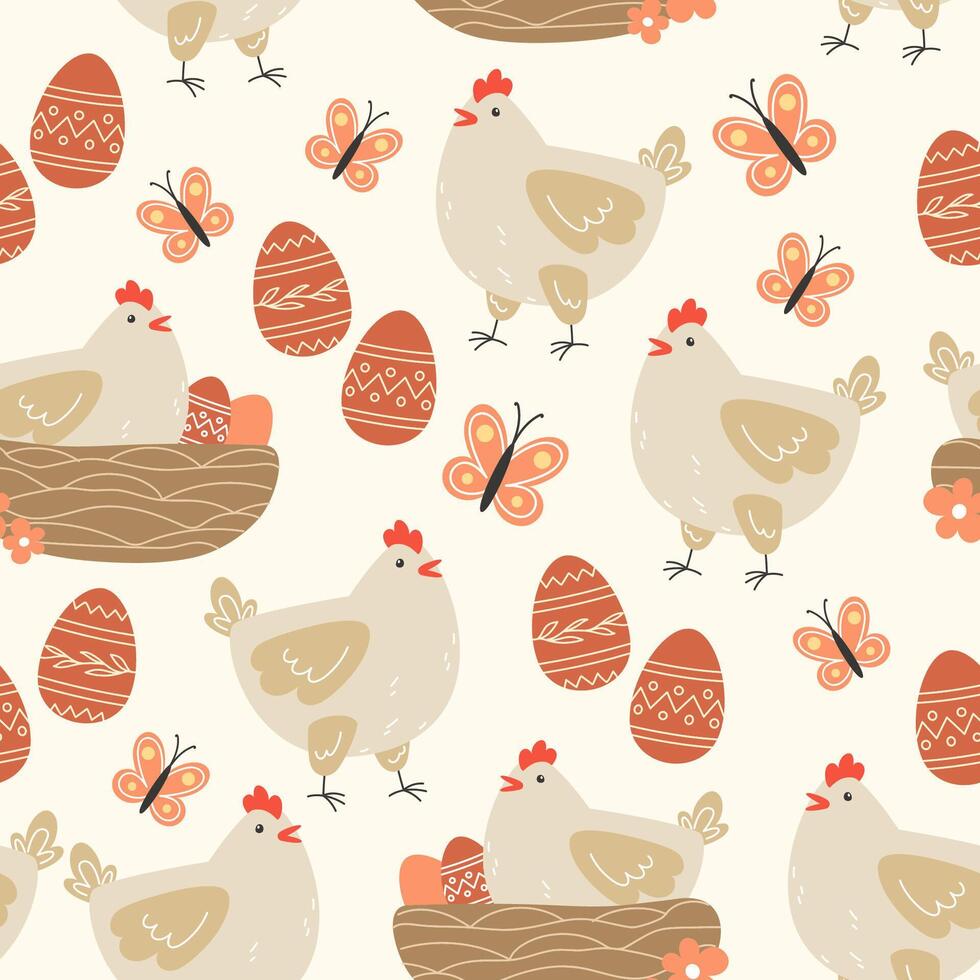 naadloos patroon van bloemen, kip en Pasen eieren in tekenfilm stijl vector