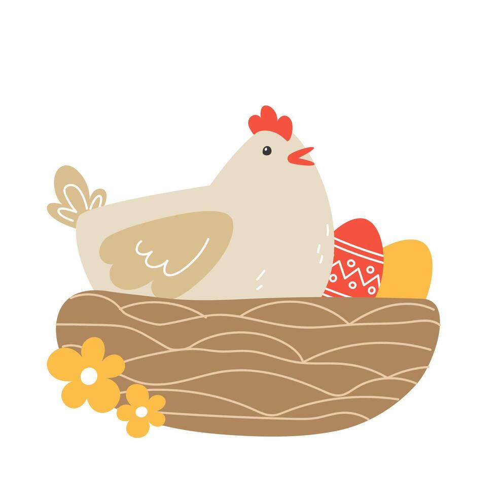 Pasen illustratie met een kip en geschilderd eieren in een nest voor de vakantie in tekenfilm stijl vector