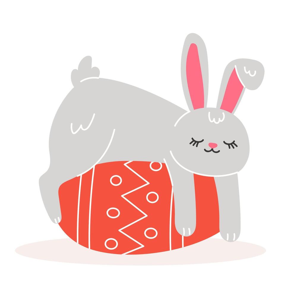 Pasen illustratie met konijn en geschilderd ei voor de vakantie in tekenfilm stijl vector