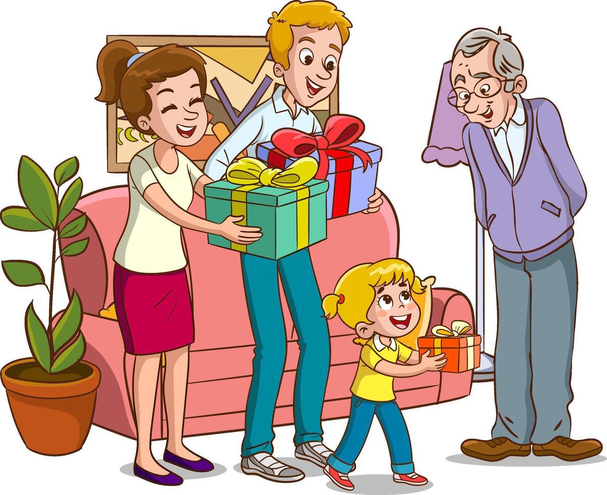 een gelukkig familie vieren opa's verjaardag. vector illustratie in tekenfilm stijl.