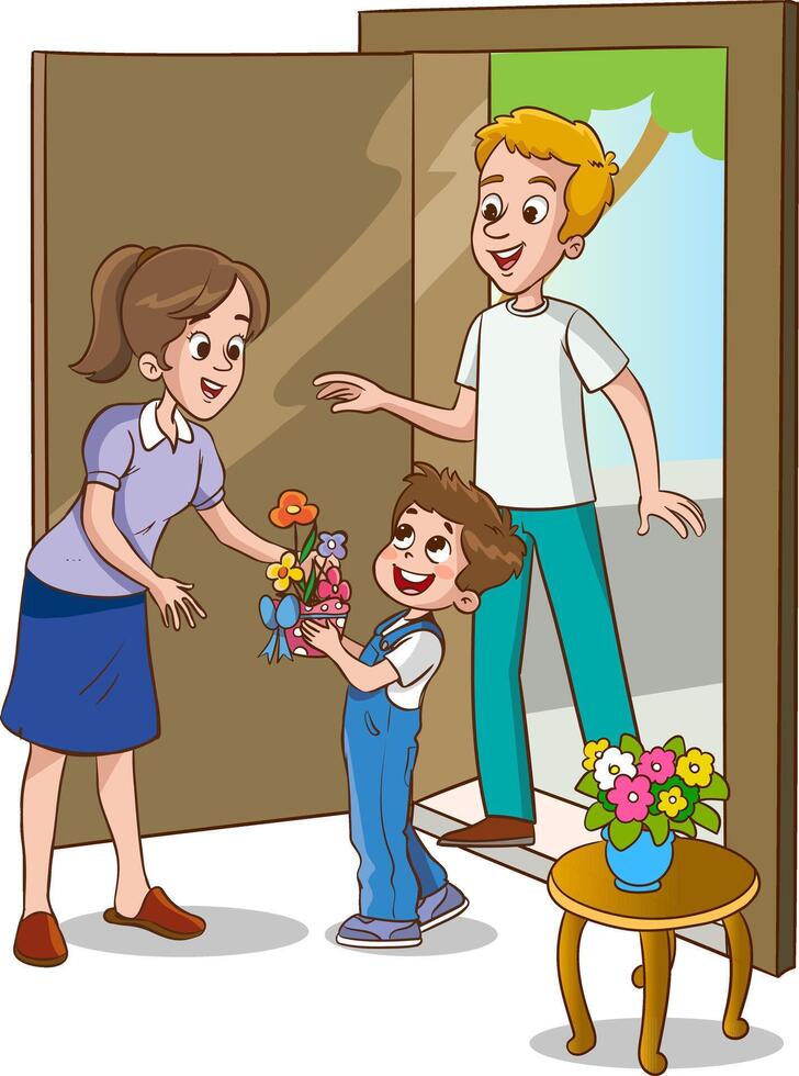 vector illustratie van kinderen verrassend hun moeders en geven hen een boeket van bloemen.