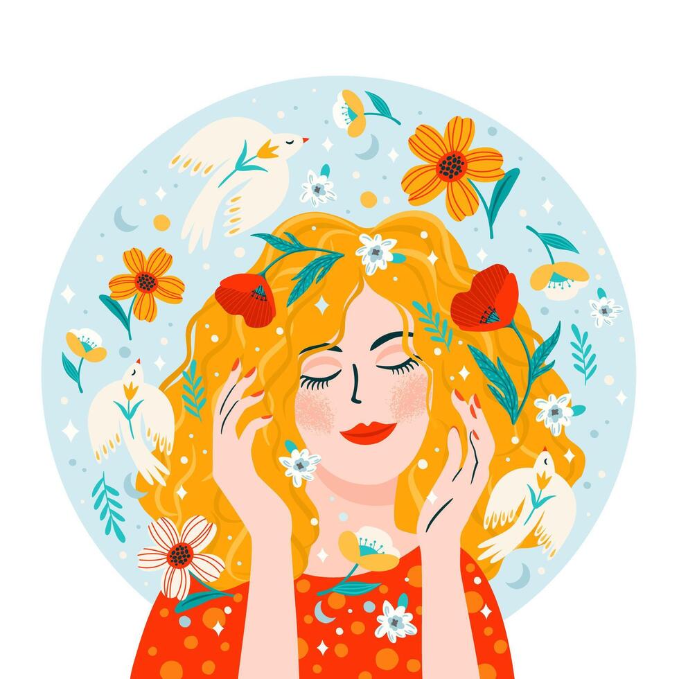 illustratie met vrouw, bloemen en vogels. vector ontwerp concept voor Internationale Dames s dag en andere gebruik