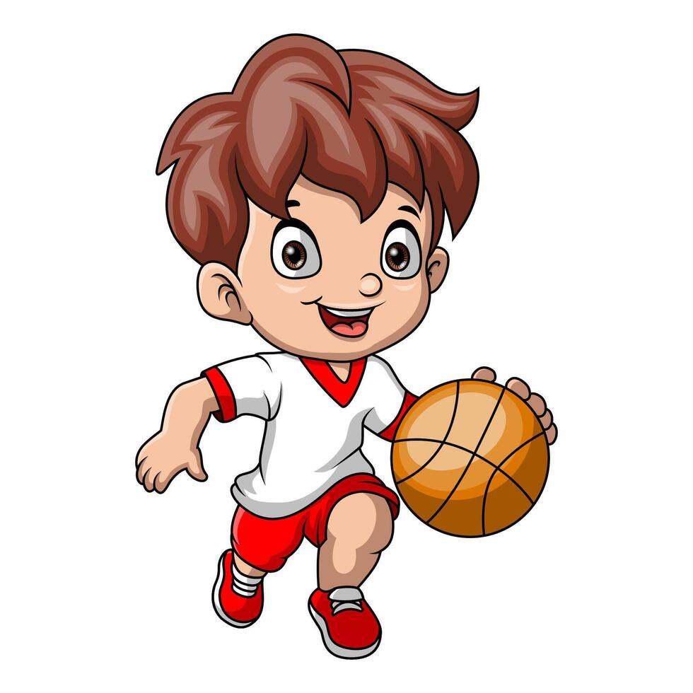 schattig weinig jongen tekenfilm spelen basketbal vector