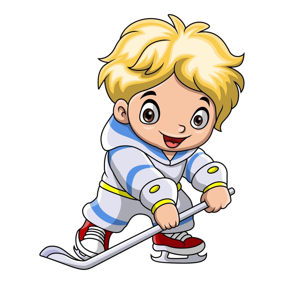 schattig weinig jongen tekenfilm spelen ijs hockey vector