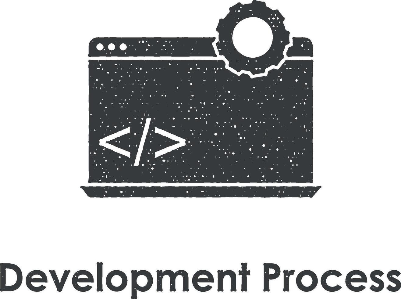 laptop, codering, ontwikkeling werkwijze vector icoon illustratie met postzegel effect