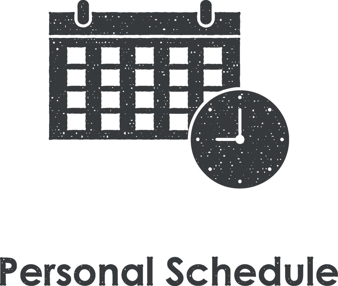 kalender, klok, persoonlijk schema vector icoon illustratie met postzegel effect