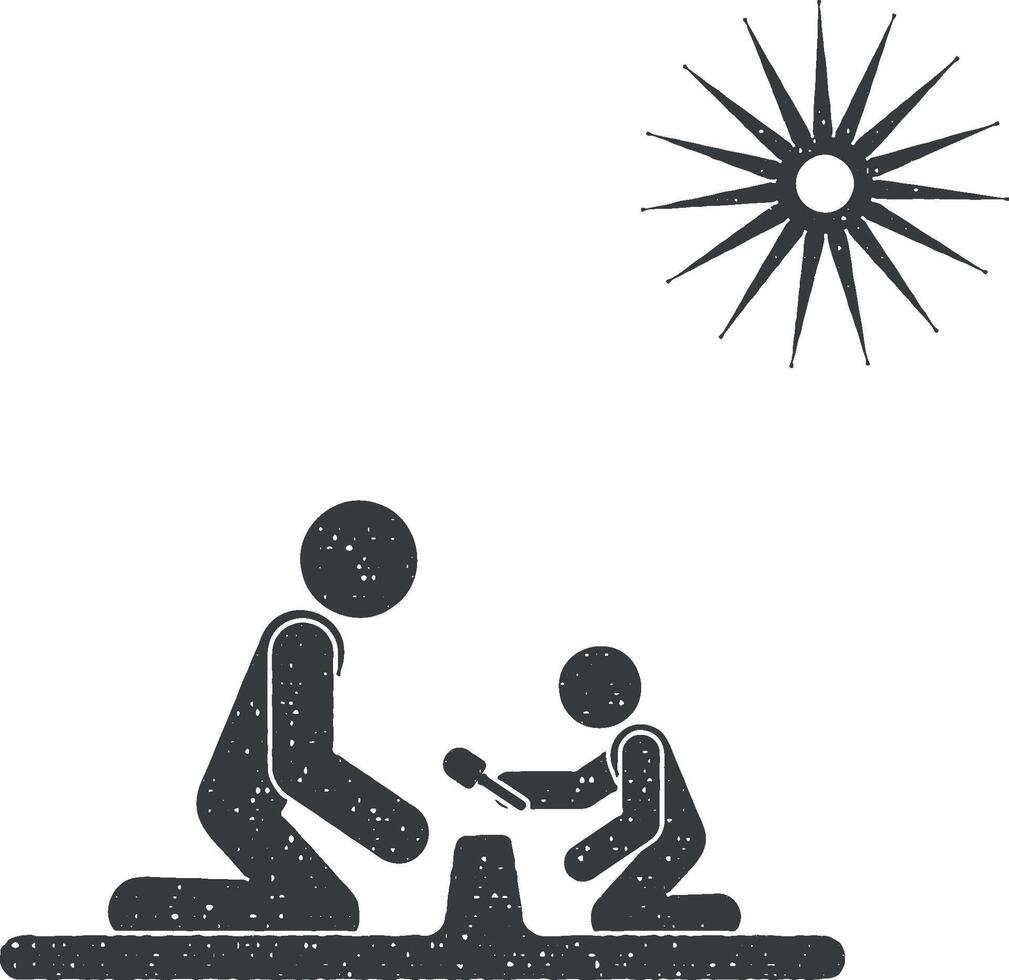 Speel met een kind Aan de strand vector icoon illustratie met postzegel effect