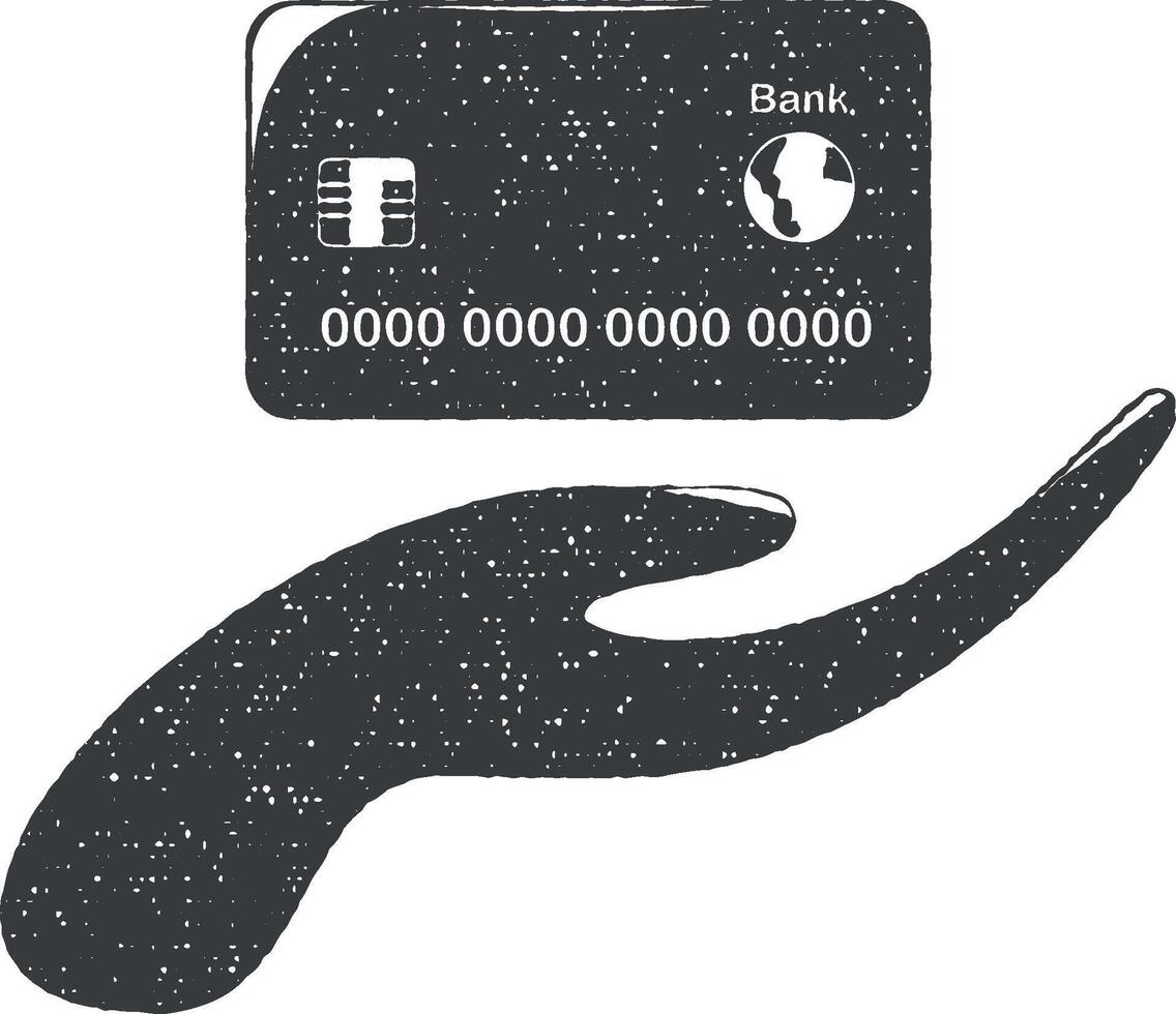 hand- houdt een credit kaart vector icoon illustratie met postzegel effect