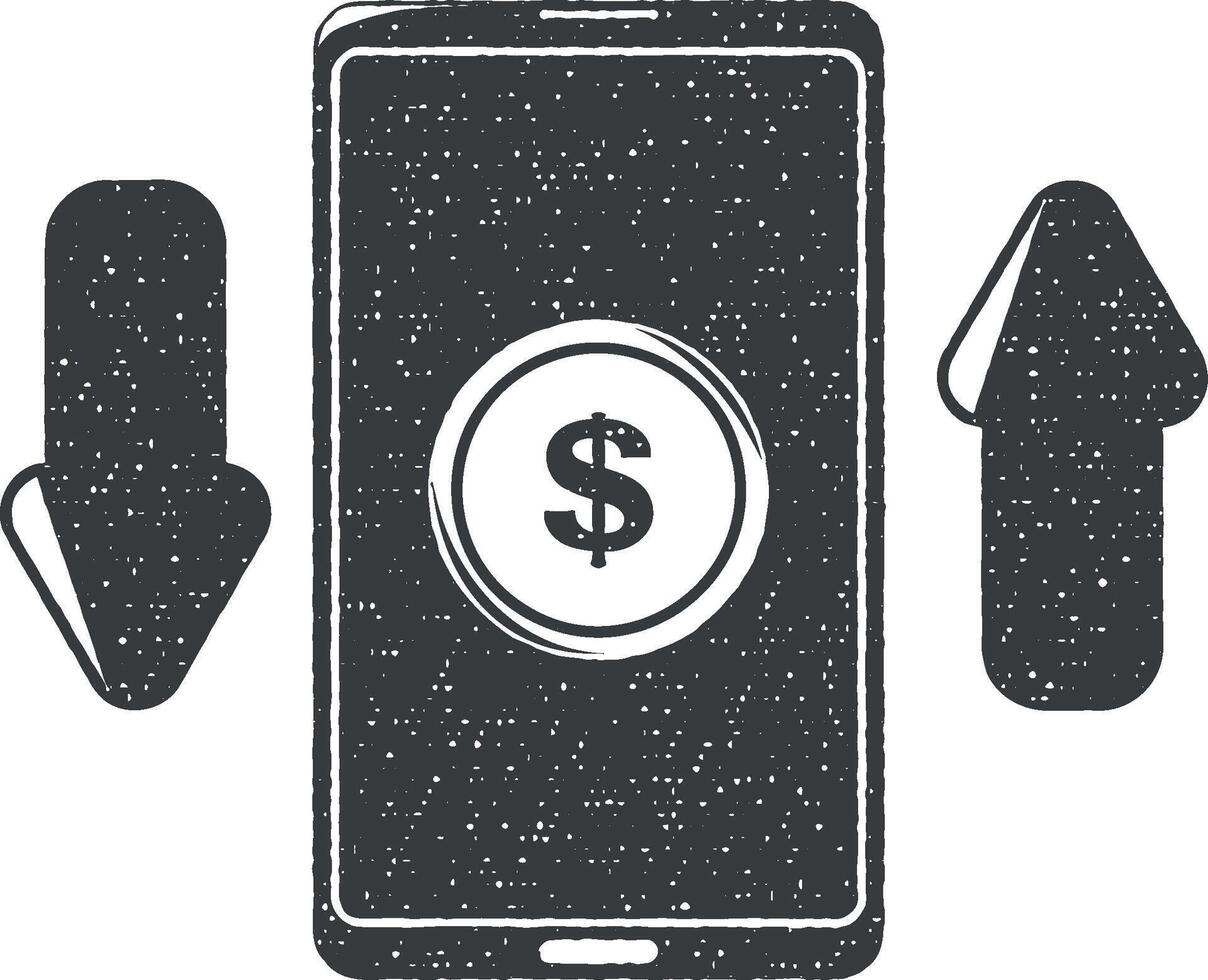 dollar teken en pijlen Aan een slim telefoon vector icoon illustratie met postzegel effect