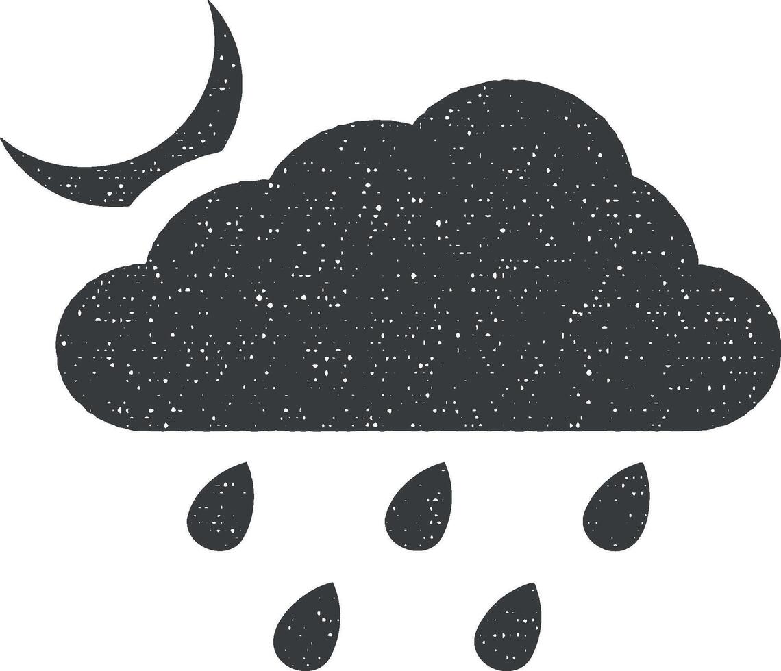 halve maan, regenachtig het weer, wolk, regen vector icoon illustratie met postzegel effect