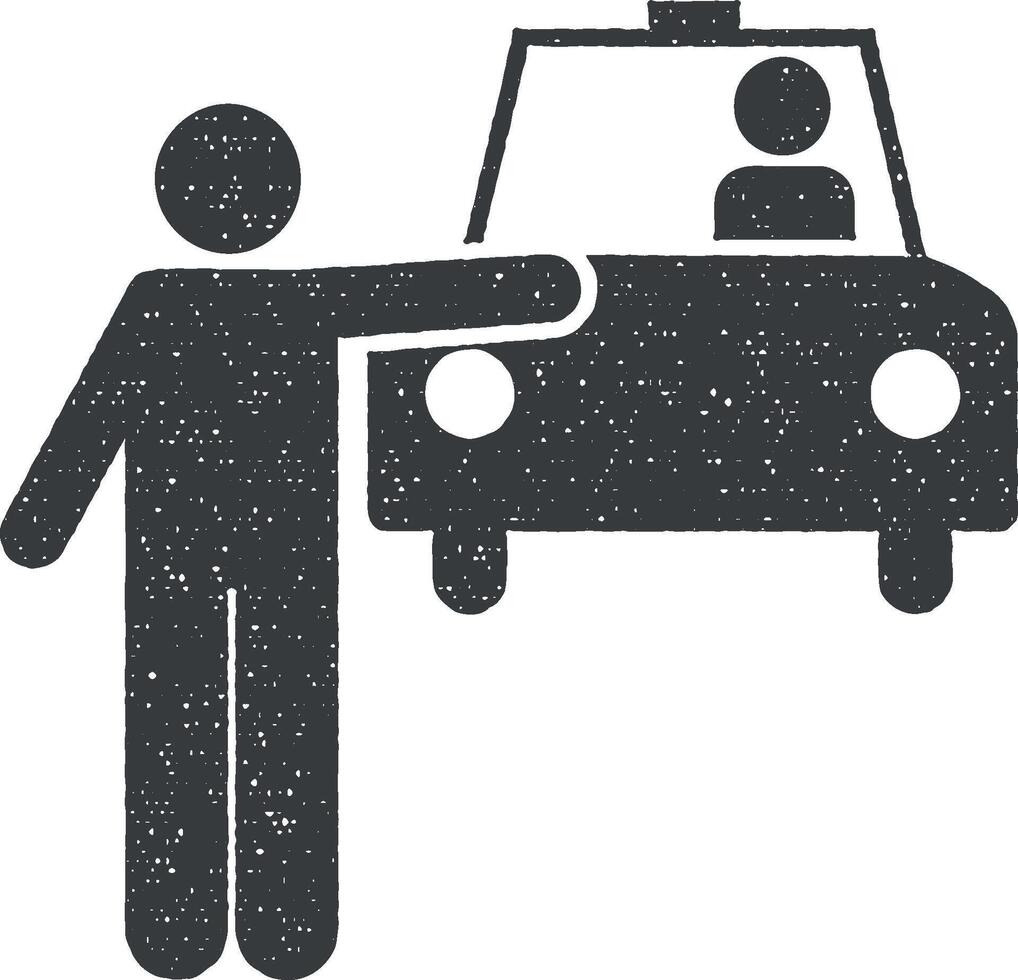 Mens, taxi, auto, voertuig, taxi icoon vector illustratie in postzegel stijl