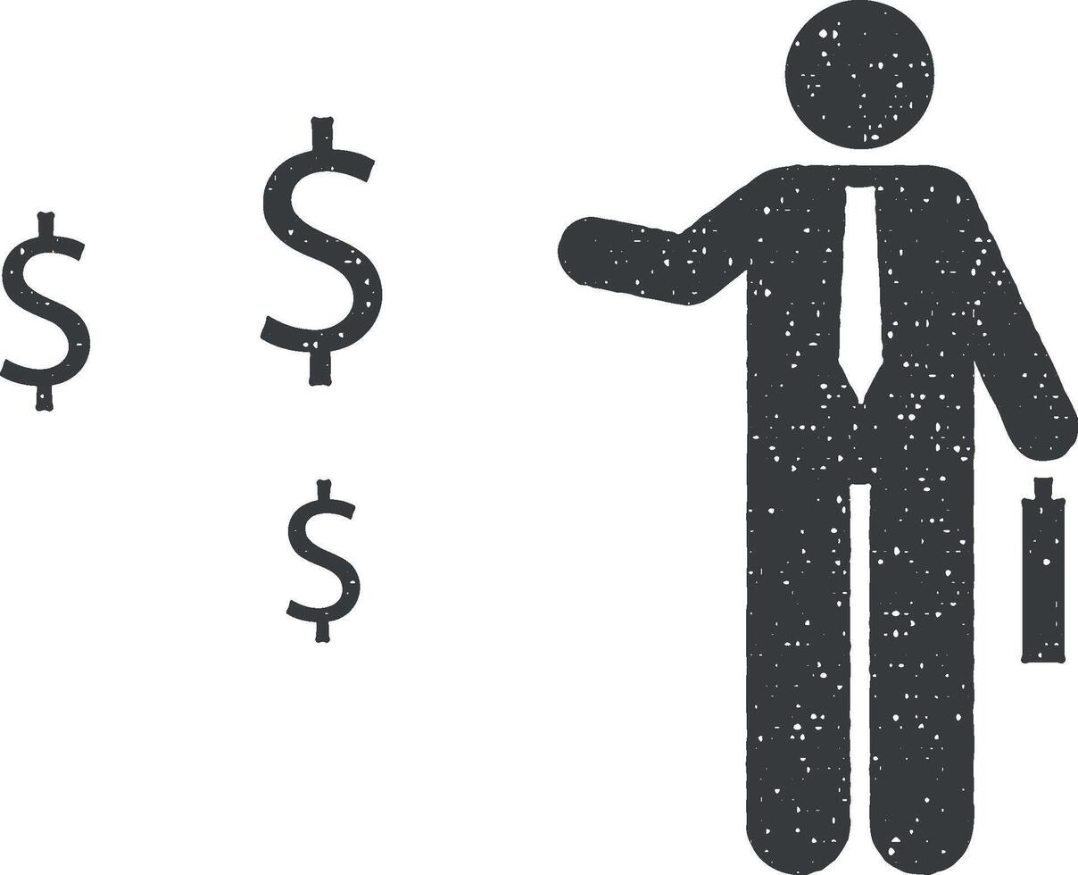 pictogram van dollar, zakenman, baan icoon vector illustratie in postzegel stijl