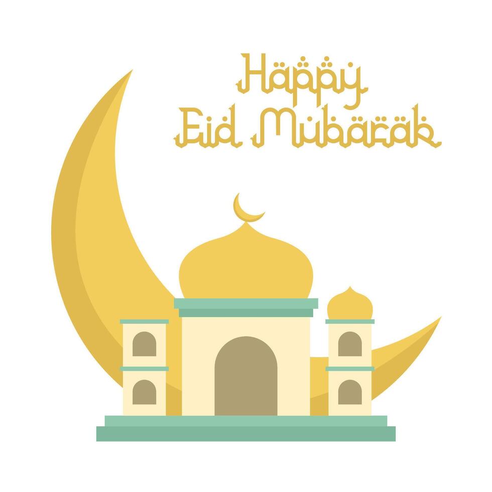 gelukkig eid mubarak hartelijk groeten, maan met moskee illustratie vector