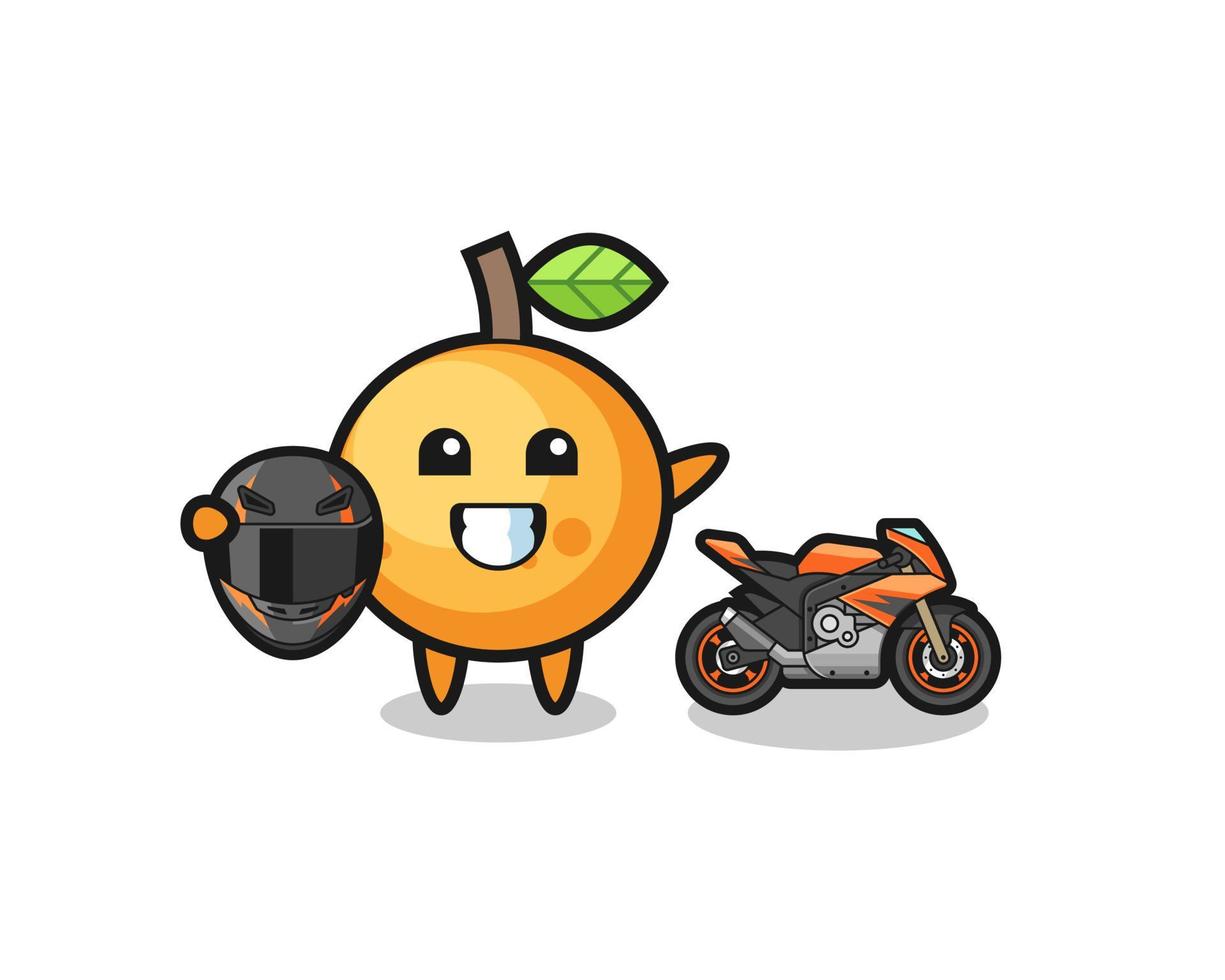 schattige oranje fruitcartoon als motorracer vector