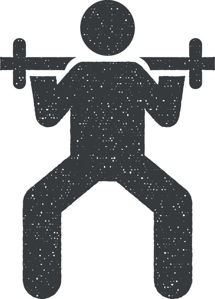 Mens Sportschool barbell optillen met pijl pictogram icoon vector illustratie in postzegel stijl