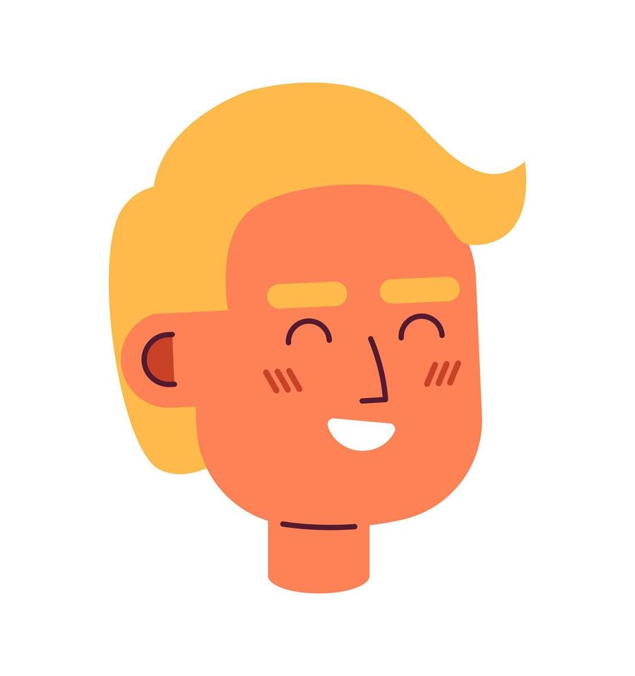 lachend blond haar- Kaukasisch Mens 2d vector avatar illustratie. Gesloten ogen giechelen vent tekenfilm karakter gezicht portret. dolblij mannetje vlak kleur gebruiker profiel beeld geïsoleerd Aan wit achtergrond