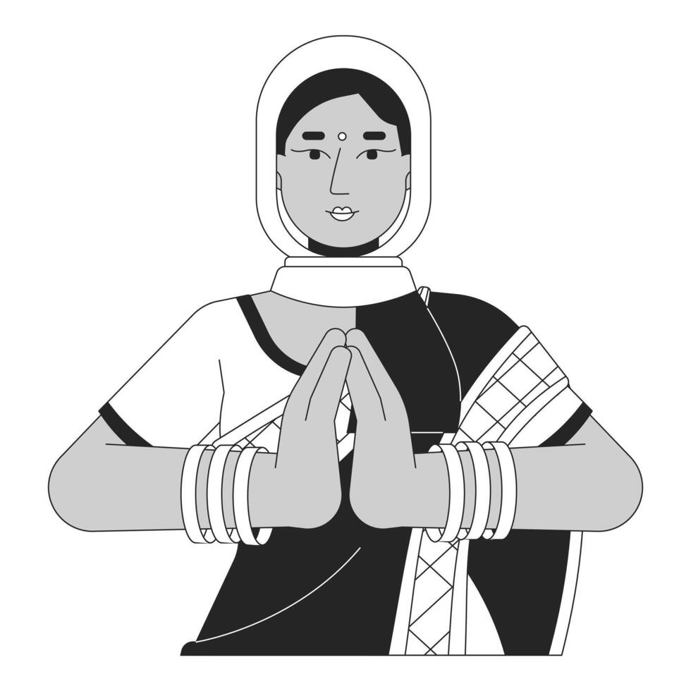 traditioneel Indisch vrouw namaste zwart en wit 2d lijn tekenfilm karakter. anjali mudra drukken palmen samen geïsoleerd vector schets persoon. Hindoe festival monochromatisch vlak plek illustratie